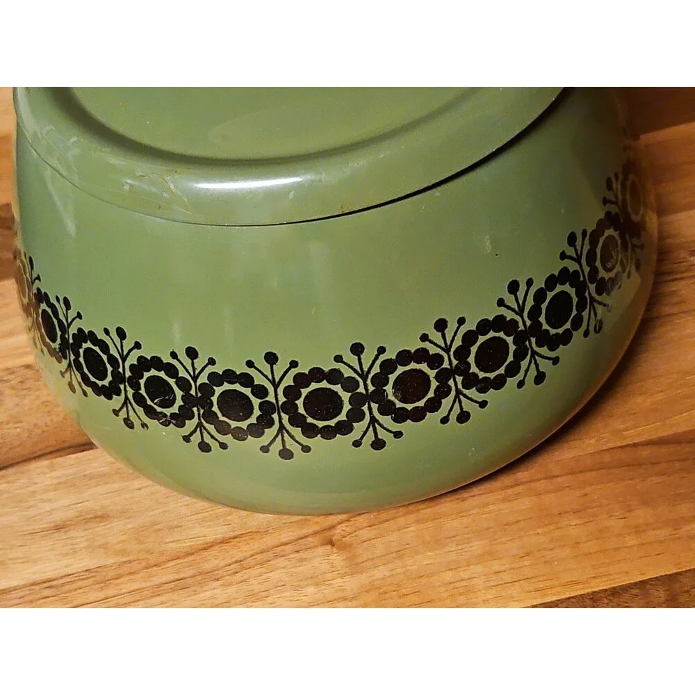 Vintage Green Enamel Fondue Pot Saucepan Floral MCM Boho Wood Handle 1970s